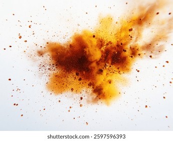 A dynamic and vibrant explosion of brown and yellow powder against a stark white background. 