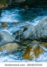  Dynamic view of fast rushing mountain stream water splashing over smooth granite boulders in a secluded tropical rainforest river ecosystem.