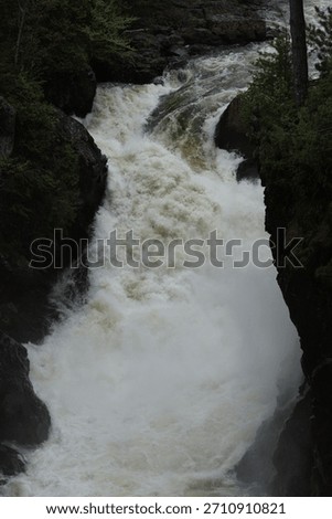 A dynamic view of the rushing rapids at Les Chutes Rawdon in Quebec, Canada. Whitewater cascades forcefully between dark rock walls, surrounded by lush green forest.