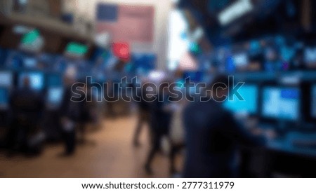 Dynamic view of a trading floor with traders and brokers working with computers, data, and financial information. The scene captures the fast-paced environment of the stock market.