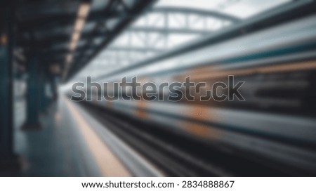 A dynamic view of a train in motion on a station platform, capturing the speed and energy of urban transit.