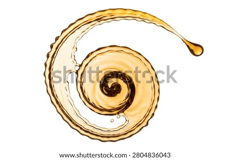 Dynamic viscous fluid splash captured in a controlled spiral motion showcasing its viscosity and light refraction. Ideal for beverage or cosmetic branding.