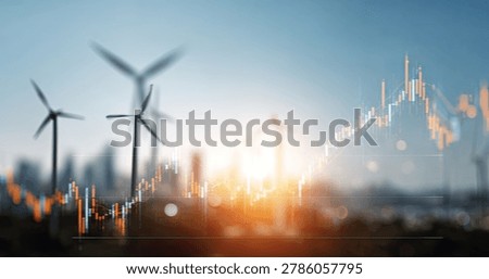 A dynamic visual combining wind turbines with a rising stock market graph, symbolizing the growth and investment in green energy technologies.