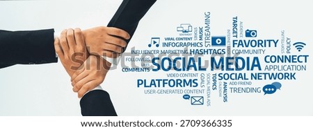 A dynamic visual of hands representing collaboration and unity, surrounded by a creative word cloud covering various aspects of social media, connecting ideas and engagement. Amity