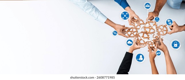 A dynamic visual representation of diverse hands collaborating to assemble a chain of interactive business icons, showcasing teamwork and innovative communication strategies. Amity