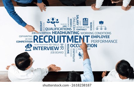 Dynamic Visual Representation of Recruitment Process Highlighting Key Aspects Like Headhunting, Job Description, Employee Performance, and Interview Techniques. Amity