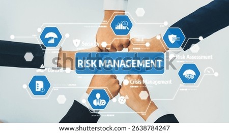 A dynamic visual representation showcasing teamwork in risk management, highlighting digital icons that symbolize security, assessment, and crisis control in a modern business context. Amity