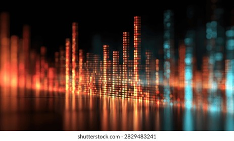A dynamic visual representation of a sound equalizer, featuring glowing orange and blue bars reflecting on a dark surface.