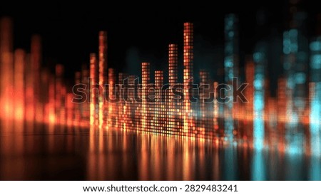 A dynamic visual representation of a sound equalizer, featuring glowing orange and blue bars reflecting on a dark surface.