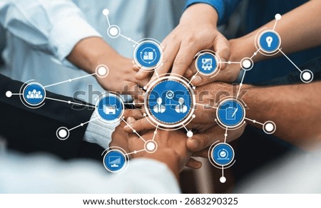 A dynamic visual representation of teamwork and collaboration, showing hands joined together with digital icons, symbolizing partnership and connection in a business setting. Amity