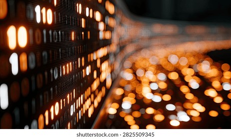 A dynamic visualization of digital data flowing through a network, represented by binary code and blurred orange bokeh lights, symbolizing technology and information transfer.