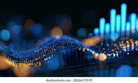 A dynamic visualization of digital data streams, represented by a glowing blue wave, with blurred yellow and blue bokeh lights in the background, suggesting a futuristic or technological theme.