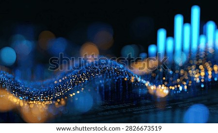 A dynamic visualization of digital data streams, represented by a glowing blue wave, with blurred yellow and blue bokeh lights in the background, suggesting a futuristic or technological theme.