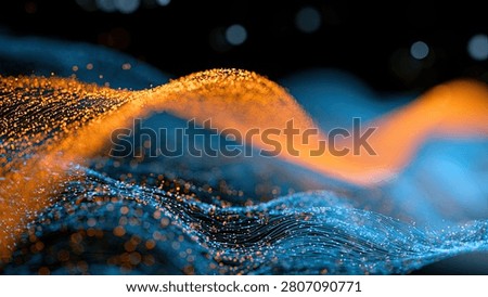 Dynamic visualization of flowing energy, with vibrant orange and blue particles creating mesmerizing wave patterns against a dark background.