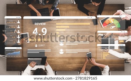 A dynamic workspace featuring a team engaged in collaboration, surrounded by digital review analytics showcasing high ratings and user feedback on their performance. Ledger