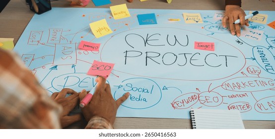 A dynamic workspace represents a brainstorming session, showcasing diverse hands engaged in planning a new project with colorful sticky notes and creative concepts. SACTR