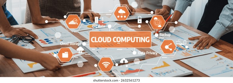A dynamic workspace showcasing cloud computing themes with diverse professionals analyzing charts, emphasizing storage, security, and data backup strategies for business solutions. Amity