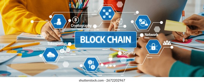A dynamic workspace showcasing hands engaged in blockchain discussions, with colorful stationery and digital visuals emphasizing security and network technologies for innovation. Amity