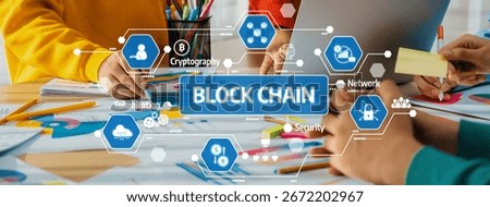 A dynamic workspace showcasing hands engaged in blockchain discussions, with colorful stationery and digital visuals emphasizing security and network technologies for innovation. Amity
