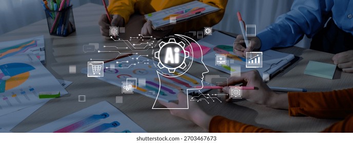 A dynamic workspace showcasing professionals collaborating on business strategies incorporating artificial intelligence concepts, colorful graphs, and charts. Trope - Powered by Shutterstock - Get 15% off with code: PIKWIZARD15
