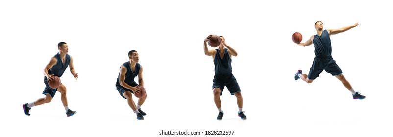 Dynamic. Young basketball player of team training in action, motion in jump of step-to-step goal isolated on white background. Concept of sport, movement, energy and dynamic, healthy lifestyle. - Powered by Shutterstock