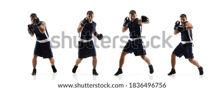 Dynamics. Young professional boxer training in action, motion of step-to-step kicking isolated on white background. Concept of sport, movement, energy and dynamic, healthy lifestyle. Flyer.
