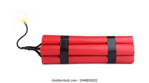 Dynamite Bomb With Lit Fuse On White Background