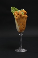 DYNAMITE SHRIMP Served In A Goblet Isolated On Black Table Background All Views Of Appetiser Garnished 