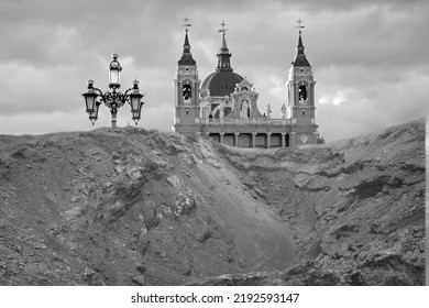 Dystopian Photo Of The Future Of Madrid, The Desert And The Volcanoes Destroying The Almudena Cathedral,