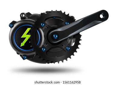 E Bike Or Pedelec Mid Mount Drive Engine Motor With Blue Screws Carbon Fibre Tuning Crank Set And Green Electricity Lighntning Symbol Isolated On White Background 