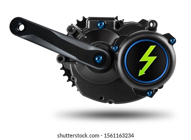 E Bike Or Pedelec Mid Mount Drive Engine Motor With Blue Screws Carbon Fibre Tuning Crank Set And Green Electricity Lighntning Symbol Isolated On White Background 