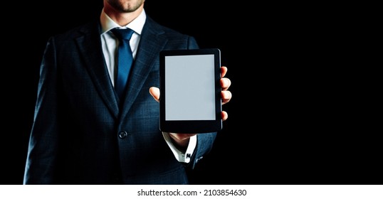 E Book Reader. Digital Book, Library Reader Tablet In Business Man Hand. Concept Of Education, Library, Students