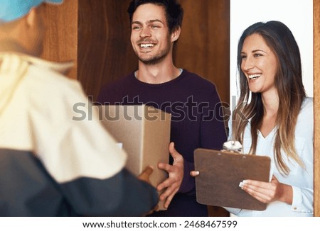 E commerce, delivery man with package boxes and couple at front door for logistics. Distribution or online shopping, courier supply chain or shipping or happy customer with cardboard parcel packaging