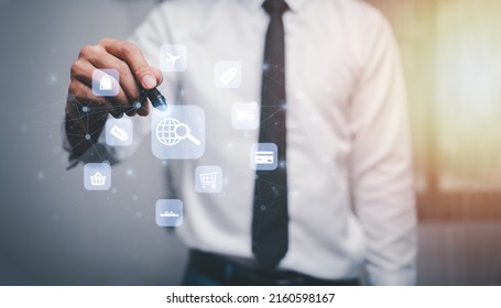 E commerce technology concept. Shopper using computer laptop to input order with trolley credit card delivery truck for online shopping