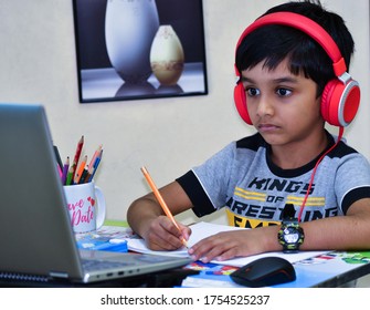 E Learning Class or Online Class Attending  Indian School Student during Covid 19 lock down situation, Sharjah, United Arab Emirates, May 3rd , 2020