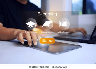 E learning and online study concept with student sign up to university website for online courses, digital library, e-book and video lectures while home living