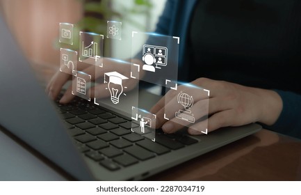 E learning technology concept. Online education, webinar, online courses.
AI and machine learning enhance personalised learning. Digital training to employee, compliance, customer, partner. 