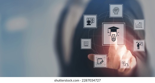E learning technology concept. Online education, webinar, online courses.
AI and machine learning enhance personalised learning. Digital training to employee, compliance, customer, partner. 