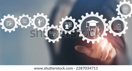 E learning technology concept. Online education, webinar, online courses.AI and machine learning enhance personalised learning. Digital training to employee, compliance, customer, partner. 