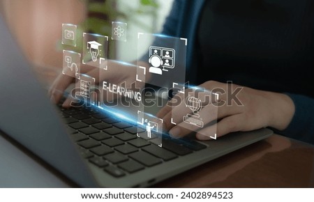 E learning technology concept. Online education, webinar, online courses. AI and machine learning enhance personalised learning. Digital training to employee, compliance, customer, partner. 