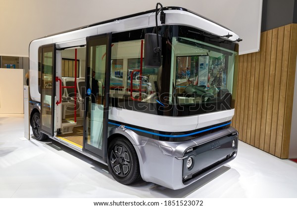 e.GO Mover\
electric bus showcased at the 89th Geneva International Motor Show.\
Geneva, Switzerland - March 6,\
2019.