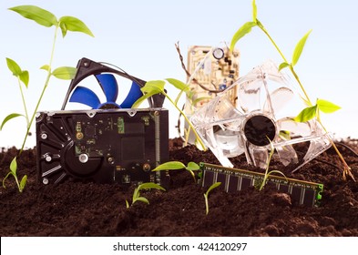 E Waste Concept, Bunch Of Computer Parts Laying In The Ground 