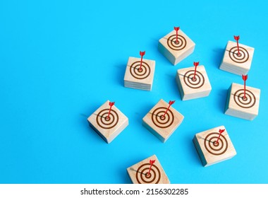 Each target is hit by an arrow. All tasks are completed, achievements are achieved. Reach all goals. Marketing campaign , target audience, advertising. Success, high productivity, work efficiency. - Shutterstock ID 2156302285