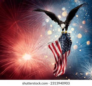 Eagle With American Flag Flies In The Fireworks With Abstract Bokeh Lights - Independence Day - Powered by Shutterstock