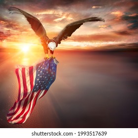Eagle With American Flag Flies In Freedom At Sunset - Vintage Toned