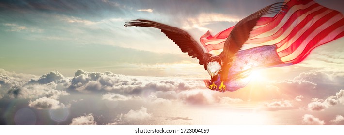 Eagle With American Flag Flying Over The Clouds
 - Shutterstock ID 1723004059