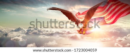 Eagle With American Flag Flying Over The Clouds
