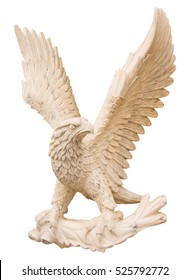 Eagle carved from white marble. Isolated on white close-up
