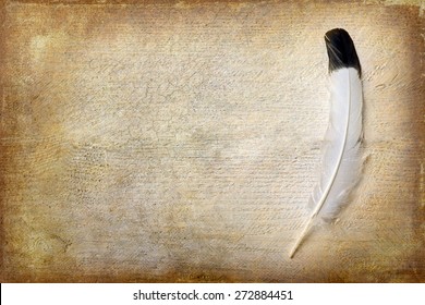 Eagle feather lying on a grunge piece of wood with copy space