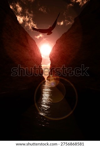 An eagle soars among slopes and cliffs overlooking the sea at sunset. Silhouette. 3D rendering
